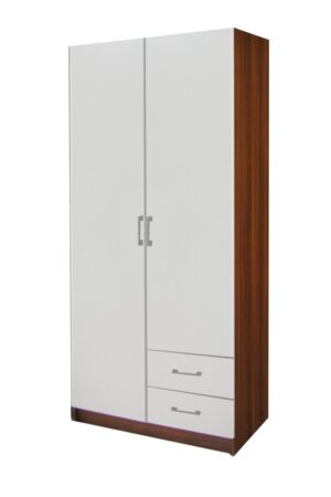 Šatní skříň BUANG 2D2S, ořech/bílá, s policemi a zásuvkami