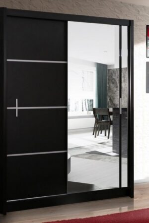 Černá šatní skříň SARON 180 s posuvnými dveřmi a zrcadlem