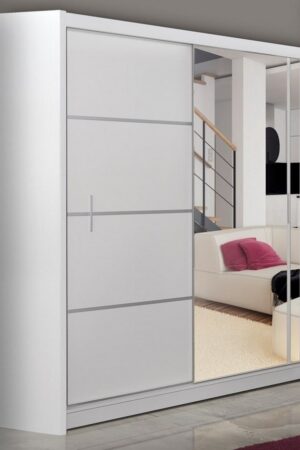 Bílá šatní skříň s posuvnými dveřmi a zrcadlem