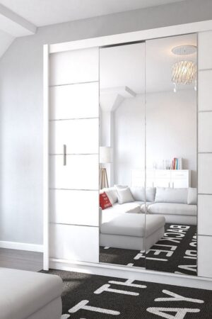 Bílá šatní skříň DONGOLA 2 s posuvnými dveřmi a zrcadlem