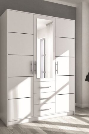 Bílá 3-dveřová šatní skříň CEROR se zrcadlem