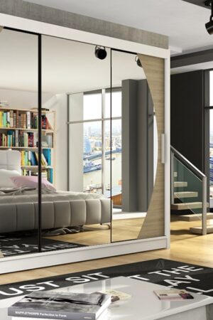 Šatní skříň ANDE V s atypickým zrcadlem v bílé barvě.