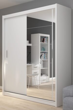 Bílá skříň FLINT se zrcadlem a posuvnými dveřmi