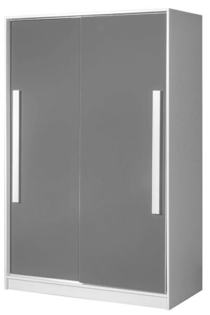 Bílá šatní skříň s posuvnými dveřmi a šedým leskem