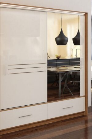 Šatní skříň RANETE bílá a švestka s posuvnými dveřmi