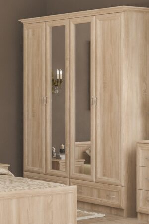 Čtyřdveřová šatní skříň se zrcadlem v dubu sonoma