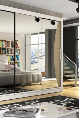 Šatní skříň ANDE IV s atypickým zrcadlem v bílém matu.