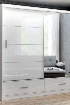 Bílá šatní skříň WARDANE 203 s LED a zrcadlem