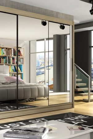 Šatní skříň ANDE III s zrcadlem a dveřmi v dub sonoma