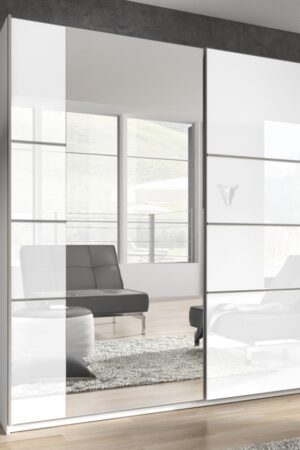 BETA šatní skříň se zrcadlem v bílém lesku