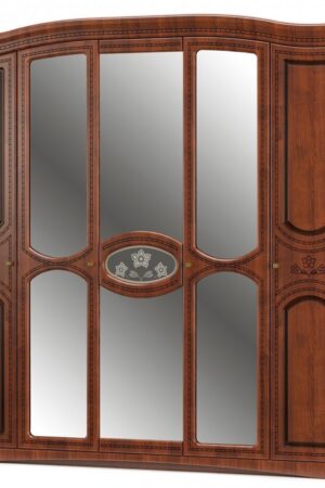 Pětidvéřová šatní skříň v třešňové barvě se zrcadlem.