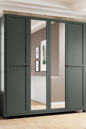 Čtyřdvéřová skříň JEJUDO se zrcadlem zelená/dub lefkas