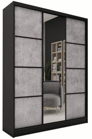 Šatní skříň HARAZIA 150 černý mat/beton se zrcadlem
