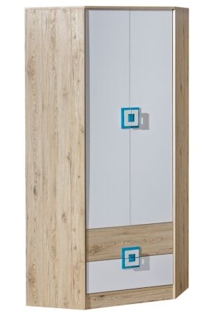 Rohová šatní skříň UWARA v barvách dub jasný a bílá