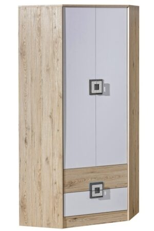 Rohová šatní skříň UWARA v dub jasný a bílé barvě