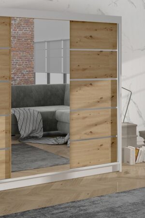 Šatní skříň HARDY VI se zrcadlem v bílém a dub artisan provedení