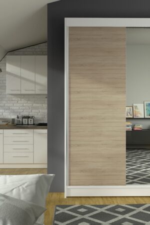 Šatní skříň se zrcadlem LAUCO I v bílé a dub sonoma