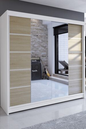 Šatní skříň se zrcadlem NUDICAULIS V v bílé a dub sonoma