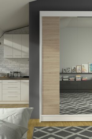 Šatní skříň se zrcadlem LAUCO II v bílé a dub sonoma