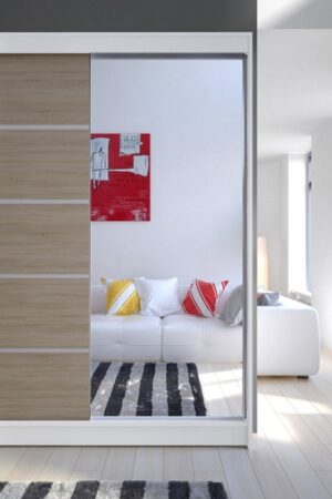 Šatní skříň se zrcadlem SVEZIA III v bílé a dub sonoma