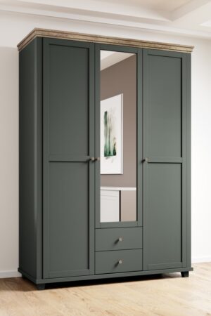 Třídvéřová skříň se zrcadlem v zelené barvě a dubu lefkas