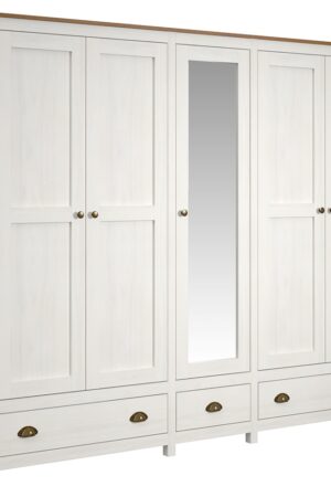 Rustikální šatní skříň FEMI 5D bílá/hnědá