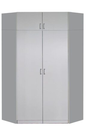 Rohová skříň BUANG v bílé barvě s poličkami a šatní tyčí