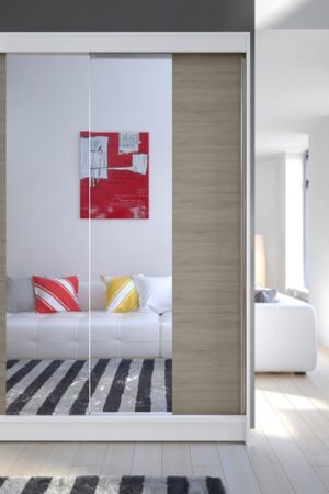 Šatní skříň SVEZIA II bílá/dub sonoma se zrcadlem