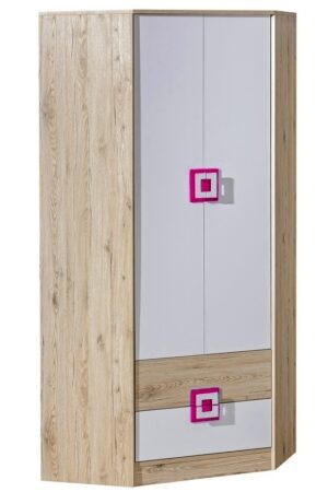 Rohová šatní skříň UWARA v barvách dub jasný, bílá a růžová