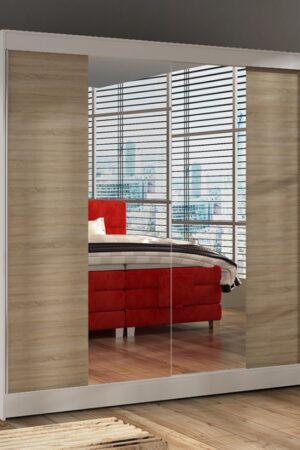 Šatní skříň se zrcadlem HEMIS II v bílé a dub sonoma