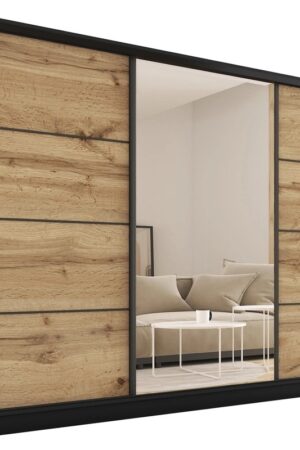 Šatní skříň HARAZIA 280 černý mat/dub wotan se zrcadlem