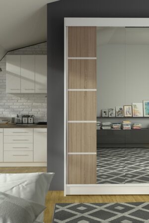 Šatní skříň se zrcadlem LAUCO V v bílé a dub sonoma