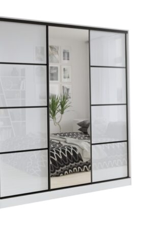 Šatní skříň HARAZIA 180 s zrcadlem a šuplíky v bílém lesku