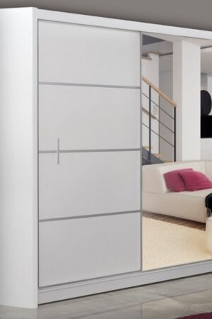 Bílá šatní skříň s posuvnými dveřmi a zrcadlem SARON 203