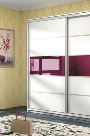 Bílá šatní skříň RISUNTA s fialovým sklem