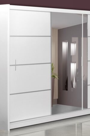 Bílá šatní skříň SARON 250 s posuvnými dveřmi a zrcadlem