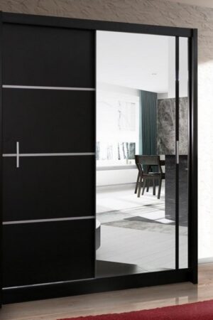 Černá šatní skříň SARON 203 s posuvnými dveřmi a zrcadlem.