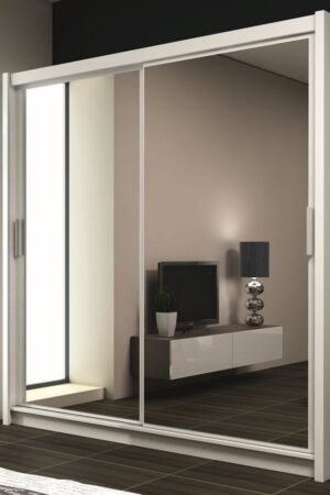 Bílá šatní skříň DRETIN 203 s posuvnými dveřmi a zrcadly