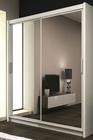 Bílá šatní skříň DRETIN 160 s posuvnými dveřmi a zrcadly