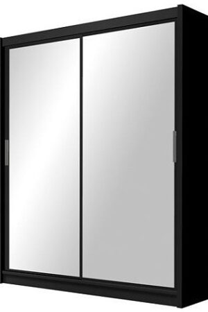 Černá šatní skříň DRETIN 160 s posuvnými dveřmi a zrcadly