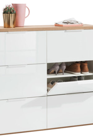 Bílý botník s dřevěnými prvky, rozměry 120x102,3x35 cm